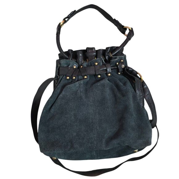 Anthropologie Handbags - Anthropologie Holding horses suede leather teal black bucket shoulder handbag